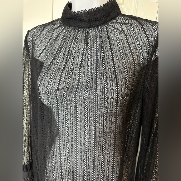 TRINA TURK Cicero Mock Neck Black Noir Lace Blouse Top Shirt Semi Sheer Ruffle - Picture 12 of 15